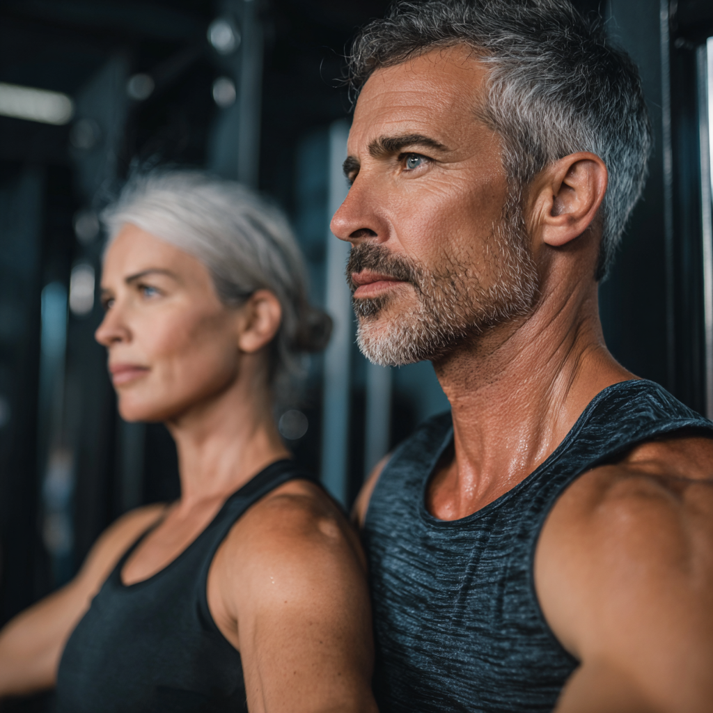 Lächelnde mittelalte deutsche Frau beim Stretching in einem modernen Fitnessstudio, zeigt Flexibilität und Wohlbefinden