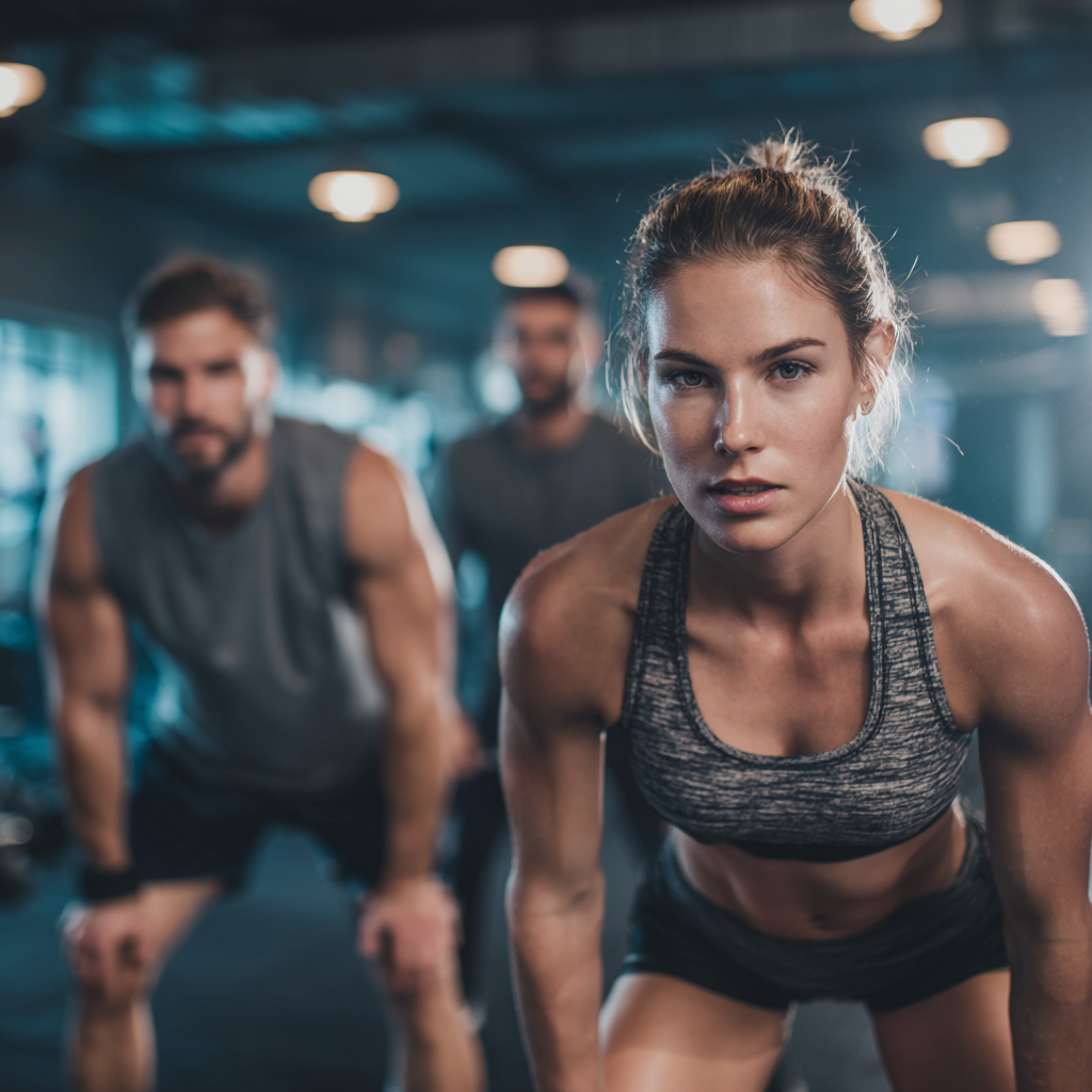 Selbstbewusster deutscher Mann mittleren Alters beim funktionellen Training mit Kettlebells in einem modernen Fitnessstudio